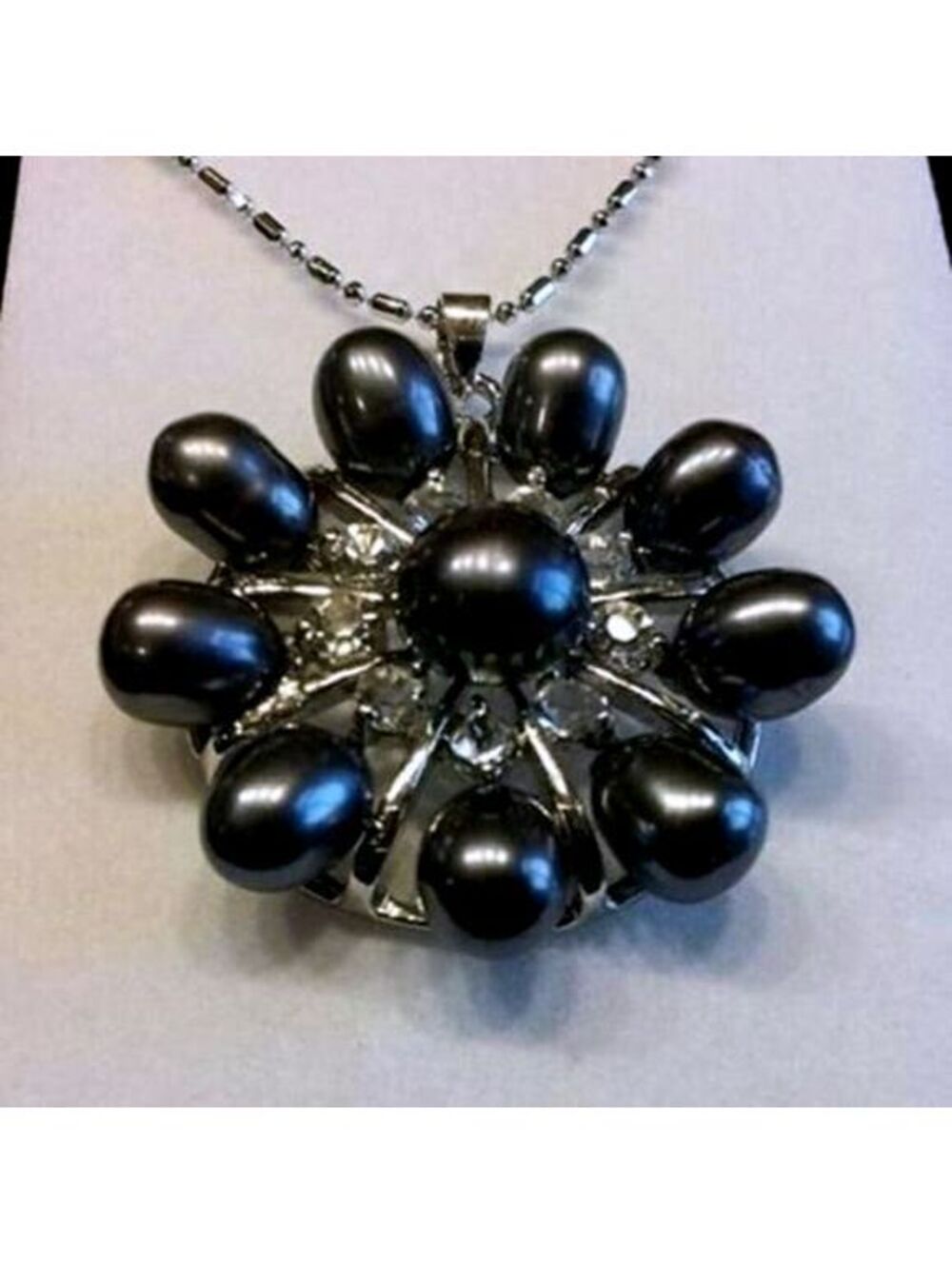Black Freshwater & Center Akoya Pearl 30mm Pendant Necklace 16" 18K WGP Chain